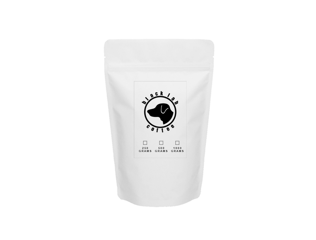 white coffee bag with dog logo