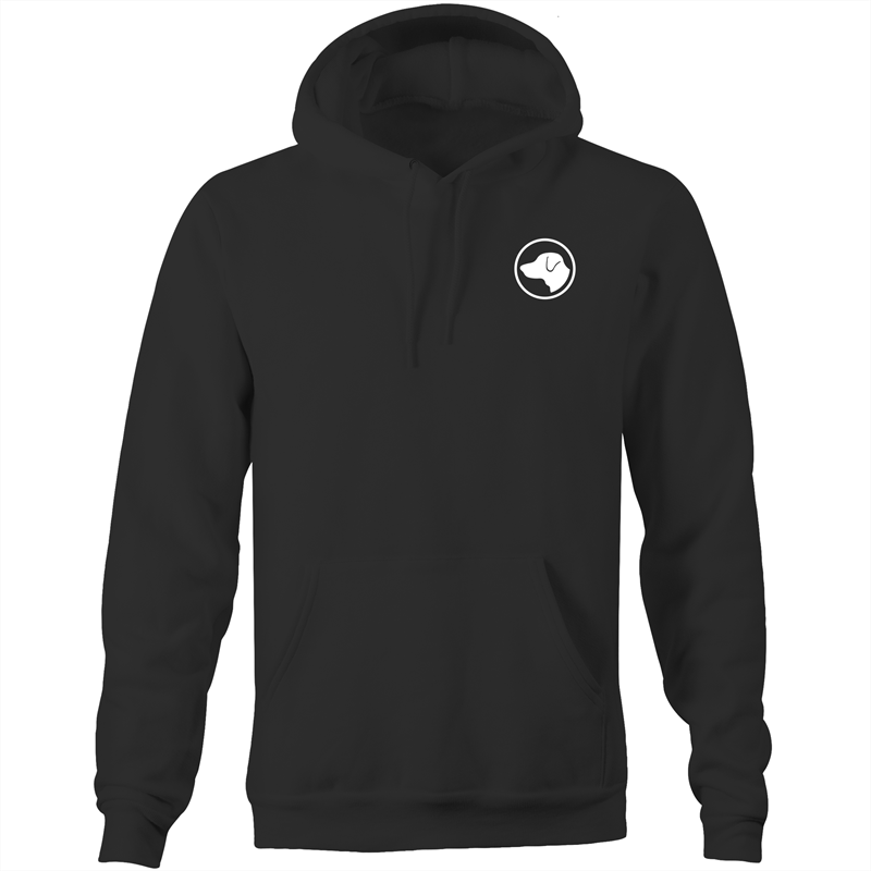 black hoodie black dog logo