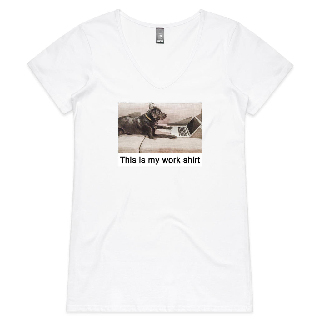 white t-shirt with dog on computer