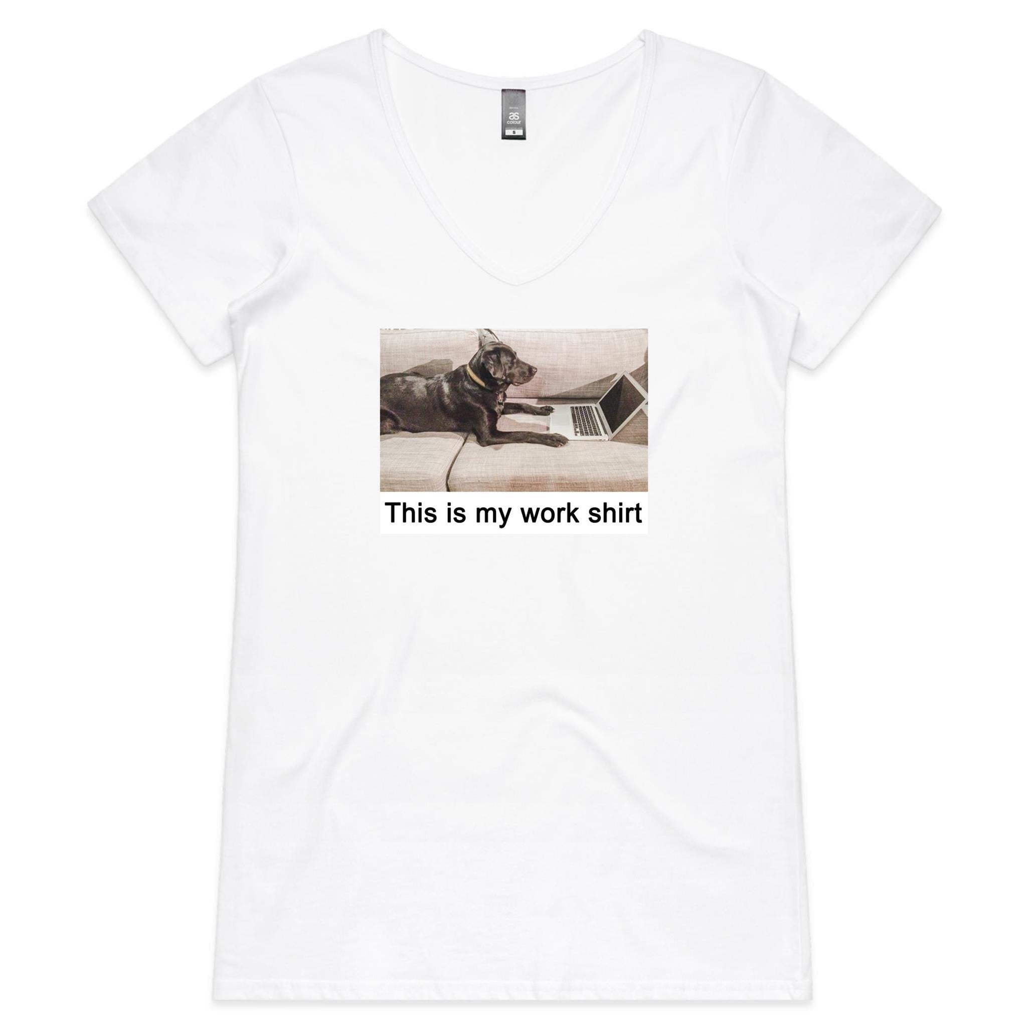 white t-shirt with dog on computer