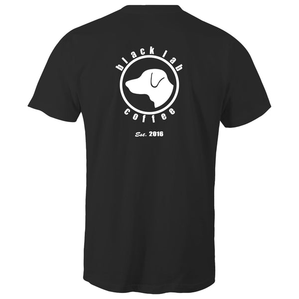 Black lab logo on back of black t-shirt